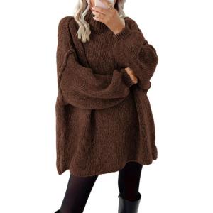 imageBTFBM Womens Long Pullover Sweaters 2025 Fall Winter Mock Neck Long Sleeve Thick Oversized Casual Knitted Jumper TopsCoffee