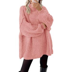 imageBTFBM Womens Long Pullover Sweaters 2025 Fall Winter Mock Neck Long Sleeve Thick Oversized Casual Knitted Jumper TopsPink