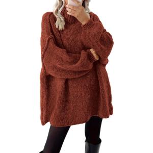 imageBTFBM Womens Long Pullover Sweaters 2025 Fall Winter Mock Neck Long Sleeve Thick Oversized Casual Knitted Jumper TopsRust Red