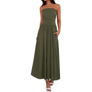 imageBTFBM Summer Maxi Dresses for Women 2025 Strapless Ruched Tube Top Flowy Beach Vacation Wedding Guest Fall Dress PocketsArmy Green