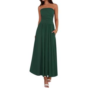 imageBTFBM Summer Maxi Dresses for Women 2025 Strapless Ruched Tube Top Flowy Beach Vacation Wedding Guest Fall Dress PocketsDark Green