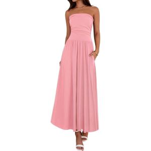 imageBTFBM Summer Maxi Dresses for Women 2025 Strapless Ruched Tube Top Flowy Beach Vacation Wedding Guest Fall Dress PocketsPink