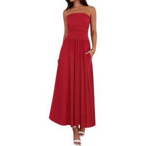 imageBTFBM Summer Maxi Dresses for Women 2025 Strapless Ruched Tube Top Flowy Beach Vacation Wedding Guest Fall Dress PocketsRed