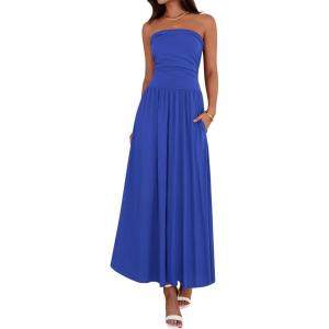 imageBTFBM Summer Maxi Dresses for Women 2025 Strapless Ruched Tube Top Flowy Beach Vacation Wedding Guest Fall Dress PocketsRoyal Blue