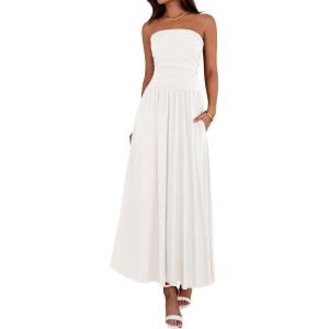 imageBTFBM Summer Maxi Dresses for Women 2025 Strapless Ruched Tube Top Flowy Beach Vacation Wedding Guest Fall Dress PocketsWhite