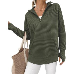 imageBTFBM Sweaters for Women Fall Winter Clothes 2025 Pocket Quarter Zip Pullover V Neck Long Sleeve Knit Trendy SweaterArmy Green