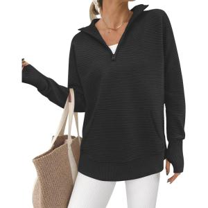imageBTFBM Sweaters for Women Fall Winter Clothes 2025 Pocket Quarter Zip Pullover V Neck Long Sleeve Knit Trendy SweaterBlack