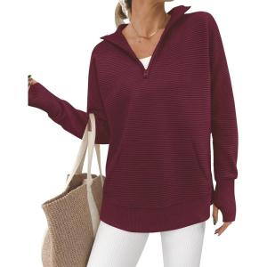 imageBTFBM Sweaters for Women Fall Winter Clothes 2025 Pocket Quarter Zip Pullover V Neck Long Sleeve Knit Trendy SweaterBurgundy