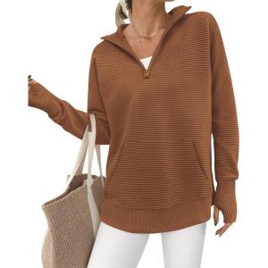 imageBTFBM Sweaters for Women Fall Winter Clothes 2025 Pocket Quarter Zip Pullover V Neck Long Sleeve Knit Trendy SweaterCaramel