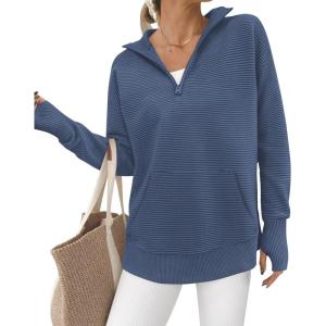 imageBTFBM Sweaters for Women Fall Winter Clothes 2025 Pocket Quarter Zip Pullover V Neck Long Sleeve Knit Trendy SweaterDark Blue