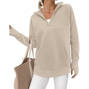 imageBTFBM Sweaters for Women Fall Winter Clothes 2025 Pocket Quarter Zip Pullover V Neck Long Sleeve Knit Trendy SweaterLight Khaki