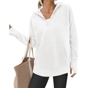 imageBTFBM Sweaters for Women Fall Winter Clothes 2025 Pocket Quarter Zip Pullover V Neck Long Sleeve Knit Trendy SweaterWhite