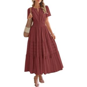 imageBTFBM Womens Summer 2025 Casual Midi Maxi Dresses Lightweight Short Sleeve V Neck Elastic Waist Boho Beach Dress PocketsBrown Red