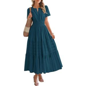 imageBTFBM Womens Summer 2025 Casual Midi Maxi Dresses Lightweight Short Sleeve V Neck Elastic Waist Boho Beach Dress PocketsLake Blue