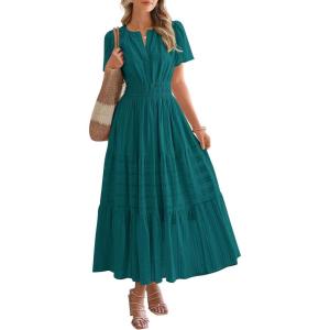 imageBTFBM Womens Summer 2025 Casual Midi Maxi Dresses Lightweight Short Sleeve V Neck Elastic Waist Boho Beach Dress PocketsMalachite Green