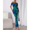 imageBTFBM Off Shoulder Bodycon Dresses for Women 2025 Summer Ruched Split Mesh Cocktail Party Club Floral Maxi DressFloral Green