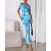 imageBTFBM Off Shoulder Bodycon Dresses for Women 2025 Summer Ruched Split Mesh Cocktail Party Club Floral Maxi DressFloral Light Blue