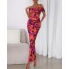 imageBTFBM Off Shoulder Bodycon Dresses for Women 2025 Summer Ruched Split Mesh Cocktail Party Club Floral Maxi DressFloral Purple Orange