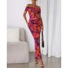 imageBTFBM Off Shoulder Bodycon Dresses for Women 2025 Summer Ruched Split Mesh Cocktail Party Club Floral Maxi DressFloral Purple Orange
