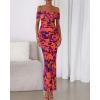 imageBTFBM Off Shoulder Bodycon Dresses for Women 2025 Summer Ruched Split Mesh Cocktail Party Club Floral Maxi DressFloral Purple Orange