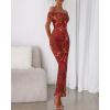 imageBTFBM Off Shoulder Bodycon Dresses for Women 2025 Summer Ruched Split Mesh Cocktail Party Club Floral Maxi DressFloral Wine Red