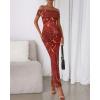 imageBTFBM Off Shoulder Bodycon Dresses for Women 2025 Summer Ruched Split Mesh Cocktail Party Club Floral Maxi DressFloral Wine Red