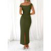 imageBTFBM Women 2025 Summer One Shoulder Bodycon Ruched Maxi Dress Slit Mesh Long Formal Cocktail Fall Wedding Guest DressesArmy Green