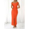 imageBTFBM Women 2025 Summer One Shoulder Bodycon Ruched Maxi Dress Slit Mesh Long Formal Cocktail Fall Wedding Guest DressesOrange