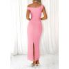 imageBTFBM Women 2025 Summer One Shoulder Bodycon Ruched Maxi Dress Slit Mesh Long Formal Cocktail Fall Wedding Guest DressesPink