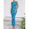 imageBTFBM Women Bodycon Maxi Dresses 2025 Summer Sleeveless Floral Ruched Slit Mesh Party Cocktail Wedding Guest Tank DressFloral Blue Green