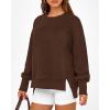 imageBTFBM Womens Casual Crewneck Sweatshirts 2025 Spring Fall Clothes Long Sleeve Side Slit Workout Fleece Pullover TopsCoffee