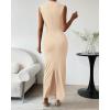 imageBTFBM Womens Ruched Bodycon Dress Summer Casual Sleeveless Back Slit Elegant Club Evening Party Cocktail Maxi DressesBeige