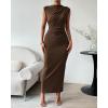 imageBTFBM Womens Ruched Bodycon Dress Summer Casual Sleeveless Back Slit Elegant Club Evening Party Cocktail Maxi DressesCoffee