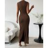 imageBTFBM Womens Ruched Bodycon Dress Summer Casual Sleeveless Back Slit Elegant Club Evening Party Cocktail Maxi DressesCoffee