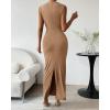 imageBTFBM Womens Ruched Bodycon Dress Summer Casual Sleeveless Back Slit Elegant Club Evening Party Cocktail Maxi DressesDark Khaki