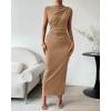 imageBTFBM Womens Ruched Bodycon Dress Summer Casual Sleeveless Back Slit Elegant Club Evening Party Cocktail Maxi DressesDark Khaki