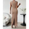 imageBTFBM Womens Ruched Bodycon Dress Summer Casual Sleeveless Back Slit Elegant Club Evening Party Cocktail Maxi DressesKhaki