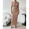 imageBTFBM Womens Ruched Bodycon Dress Summer Casual Sleeveless Back Slit Elegant Club Evening Party Cocktail Maxi DressesKhaki