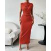 imageBTFBM Womens Ruched Bodycon Dress Summer Casual Sleeveless Back Slit Elegant Club Evening Party Cocktail Maxi DressesOrange Red