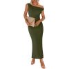 imageBTFBM Women 2025 Summer One Shoulder Bodycon Ruched Maxi Dress Slit Mesh Long Formal Cocktail Fall Wedding Guest DressesArmy Green