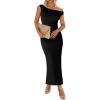 imageBTFBM Women 2025 Summer One Shoulder Bodycon Ruched Maxi Dress Slit Mesh Long Formal Cocktail Fall Wedding Guest DressesBlack