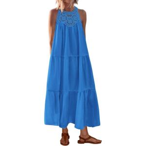 imageBTFBM Summer Halter Dresses for Women 2025 Casual Spring Hollow Out Sleeveless Boho Sundresses Beach Vacation Maxi DressBlue