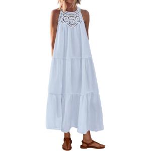 imageBTFBM Summer Halter Dresses for Women 2025 Casual Spring Hollow Out Sleeveless Boho Sundresses Beach Vacation Maxi DressLight Blue