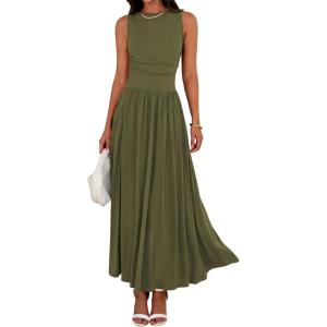 imageBTFBM Summer Maxi Dresses for Women 2025 Sleeveless Casual Ruched High Waisted Tank Long Sundress Flowy Beach Fall DressArmy Green