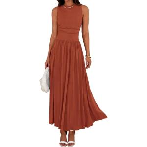 imageBTFBM Summer Maxi Dresses for Women 2025 Sleeveless Casual Ruched High Waisted Tank Long Sundress Flowy Beach Fall DressBrick Red