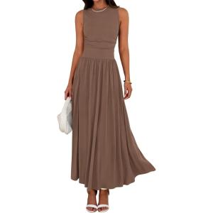 imageBTFBM Summer Maxi Dresses for Women 2025 Sleeveless Casual Ruched High Waisted Tank Long Sundress Flowy Beach Fall DressKhaki
