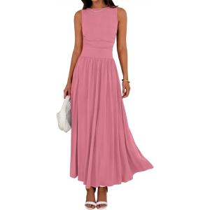 imageBTFBM Summer Maxi Dresses for Women 2025 Sleeveless Casual Ruched High Waisted Tank Long Sundress Flowy Beach Fall DressPink