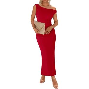 imageBTFBM Women 2025 Summer One Shoulder Bodycon Ruched Maxi Dress Slit Mesh Long Formal Cocktail Fall Wedding Guest DressesRed