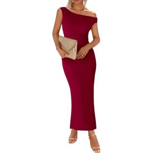 imageBTFBM Women 2025 Summer One Shoulder Bodycon Ruched Maxi Dress Slit Mesh Long Formal Cocktail Fall Wedding Guest DressesWine Red