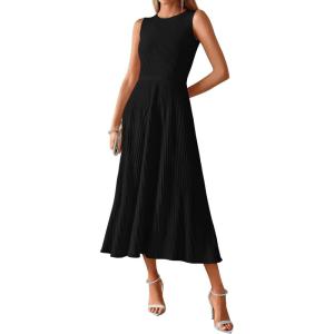 imageBTFBM Women Midi Bodycon Tank Dress Summer Crewneck Sleeveless Pleated A Line Business Casual Knit Sweater Fall DressesBlack